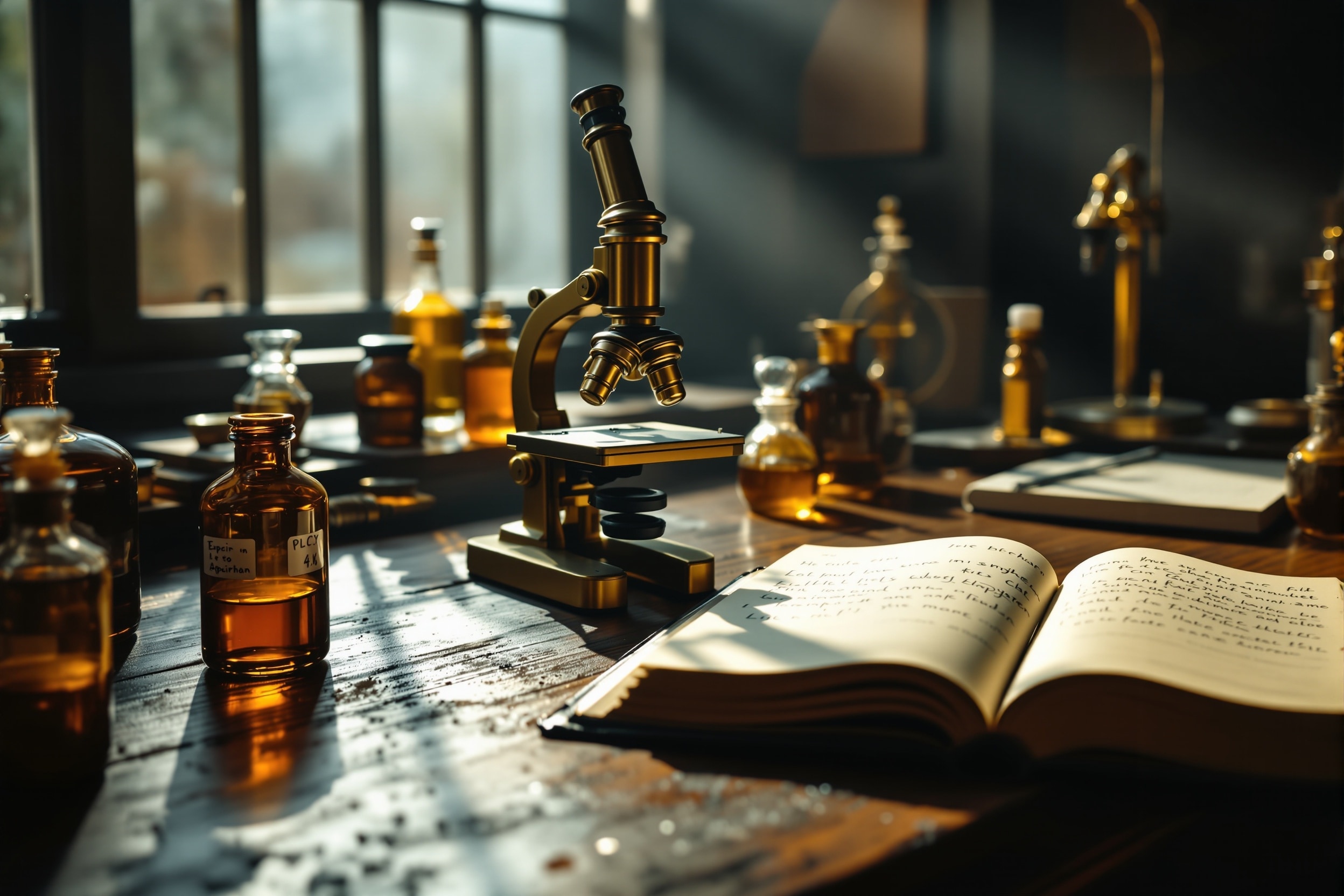 A brass microscope, amber apothecary vials, and an open research journal on a dark walnut bench